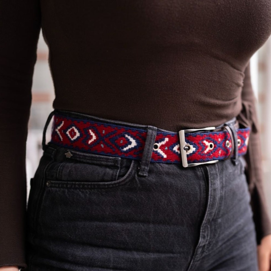 Göz-Taç Motifli El Dokuması Kilim Kemer – Bordo & Lacivert (105 cm)